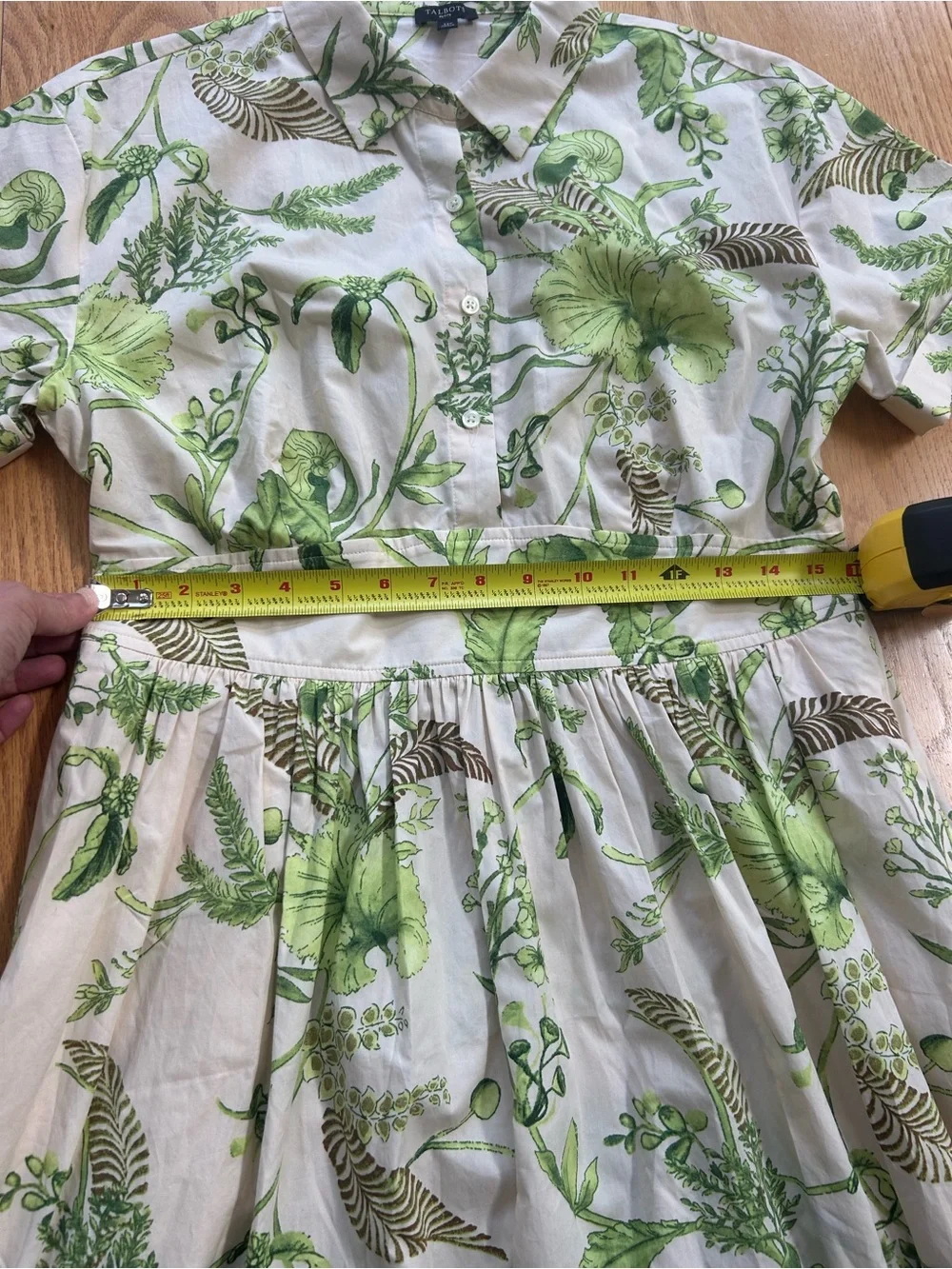 Talbots Modern Poplin Smocked Midi Shirt Dress 12P Branching Floral Green Cotton